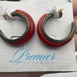 Premier Designs Red and Gold Textured Earrings